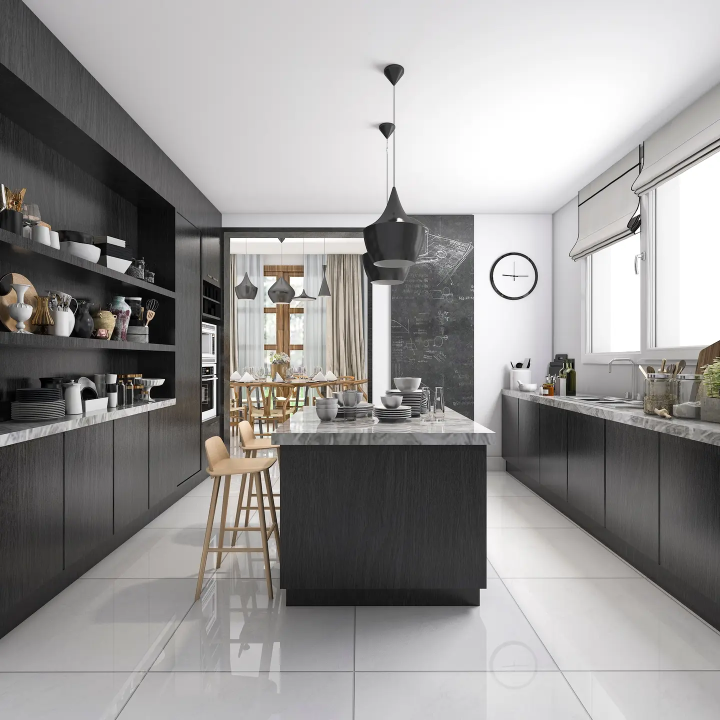 Image de synthèse : cuisine noire contemporaine avec îlot central, tabourets en bois et étagères ouvertes