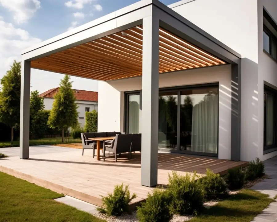 Maison moderne avec terrasse en bois et pergola