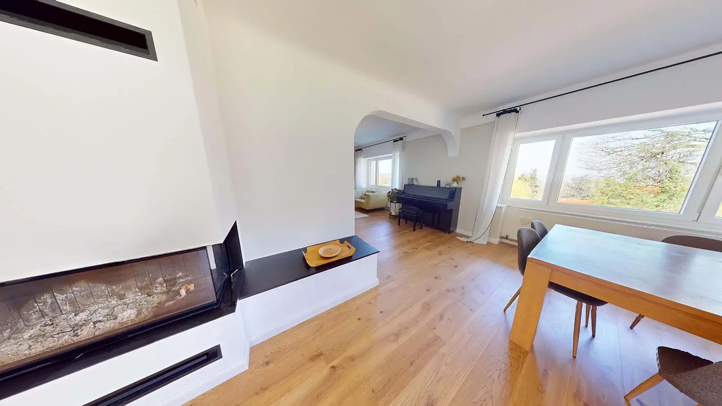 Salle à manger rénovée à Plappeville : cheminée à foyer vitré, parquet clair et passage en arche vers le salon